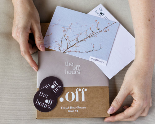 The Off Hours 48-Hour Return gift set with slipcase, envelope, card, and stickers