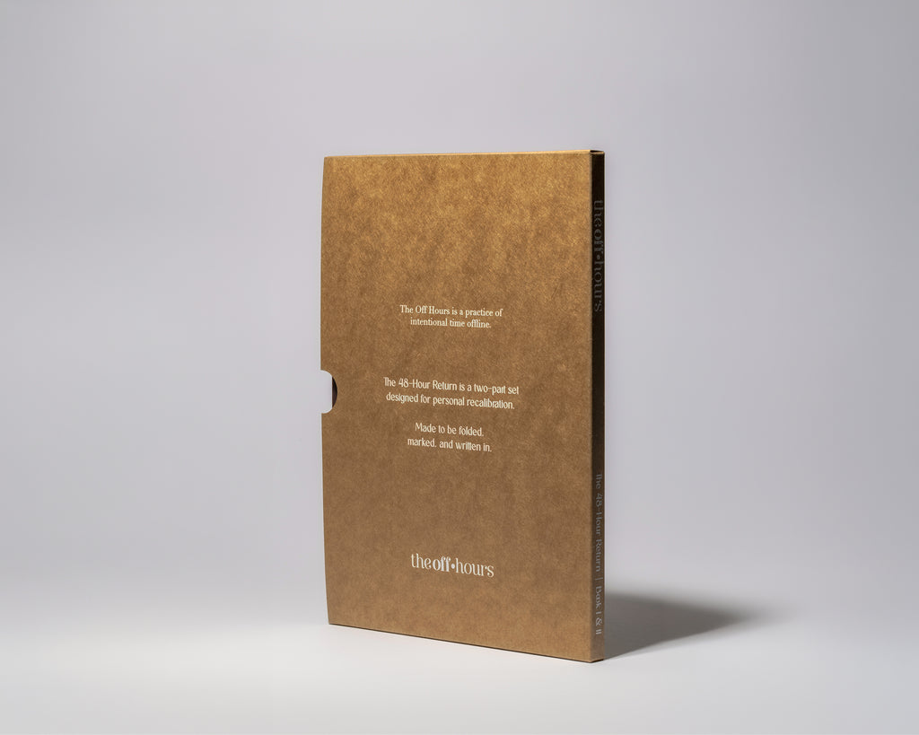 The Off Hours 48-Hour Return slipcase shown from the back with printed product description