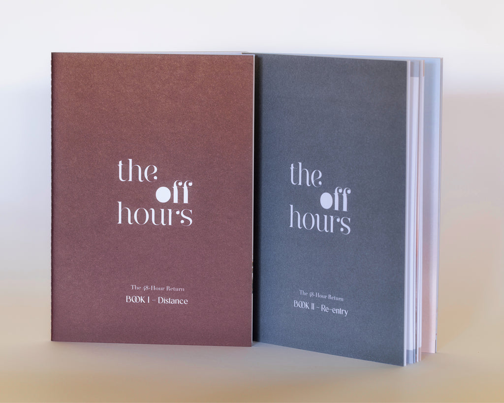 The Off Hours 48-Hour Return Book I and Book II standing upright with textured covers