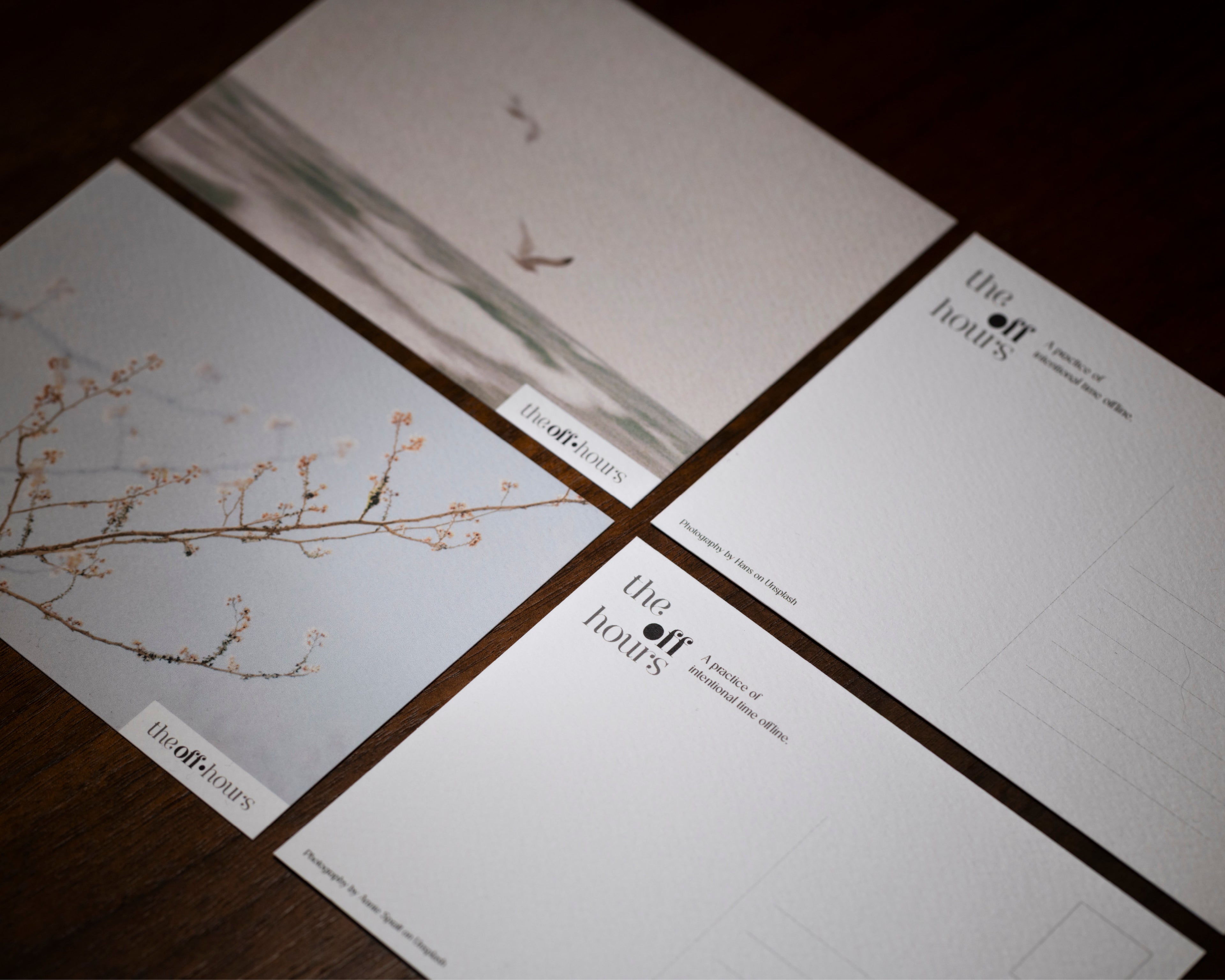Four printed cards or postcards arranged in a grid on a dark wooden surface. The cards feature minimalist artwork, including a bird over water and delicate blossoms, with the text 'the art books' and smaller copy printed on them.